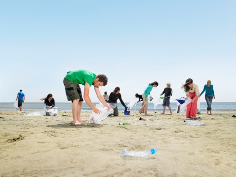 Bénévoles ramassant des déchets sur une plage