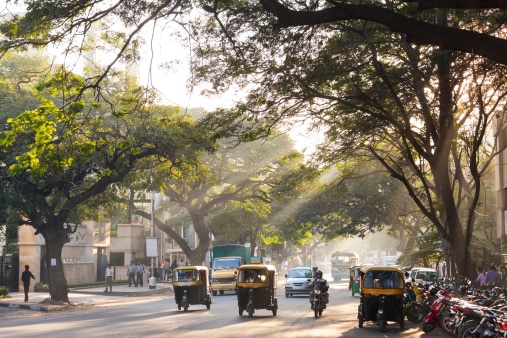 Rue ensoleillée d'Inde avec plusieurs tuk-tuks.