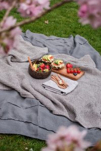 salade et tartines pour pique nique disposés sur une planche en bois sur une couverture grise dans l'herbe